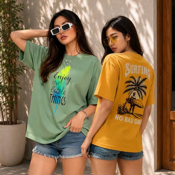 Pack of 2 Women Printed Round Neck Cotton Blend Light Green, Yellow T-Shirt