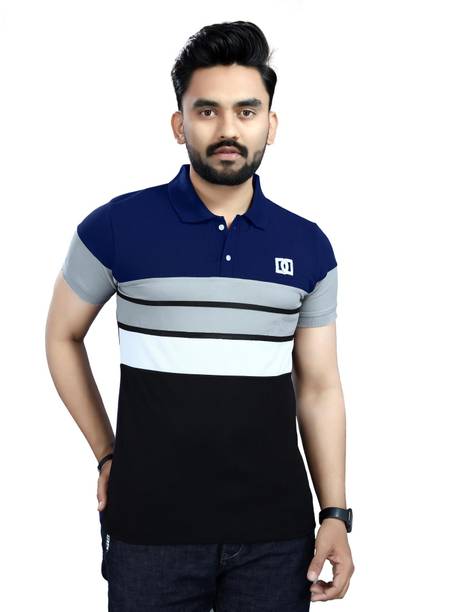 Men Colorblock Polo Neck Polycotton Navy Blue T-Shirt