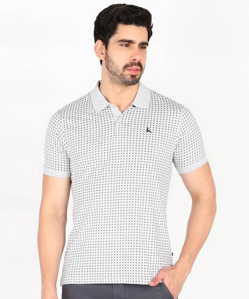 Men Printed Polo Neck Pure Cotton Grey T-Shirt