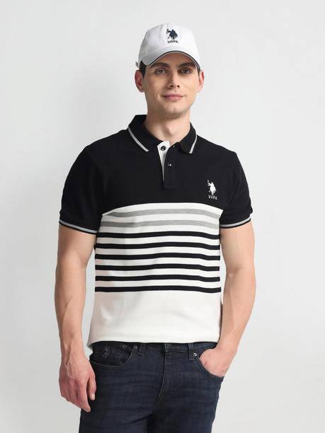 Men Striped Polo Neck Cotton Blend Black T-Shirt