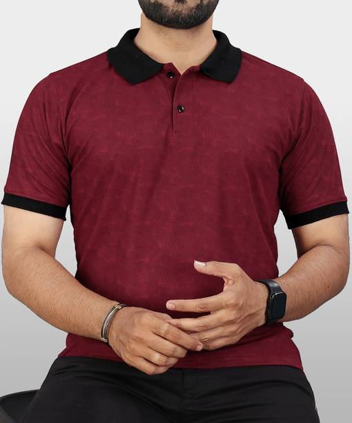 VeBNoR Men Printed Polo Neck Polyester Maroon T-Shirt