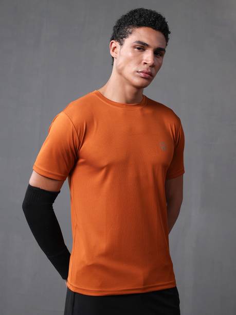 Men Solid Round Neck Polyester Orange T-Shirt
