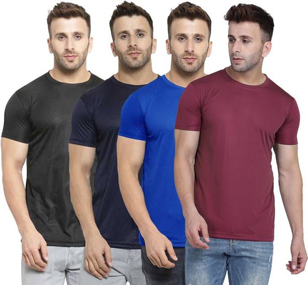 Pack of 4 Men Solid Round Neck Polyester Dark Blue, Blue, Maroon, Black T-Shirt