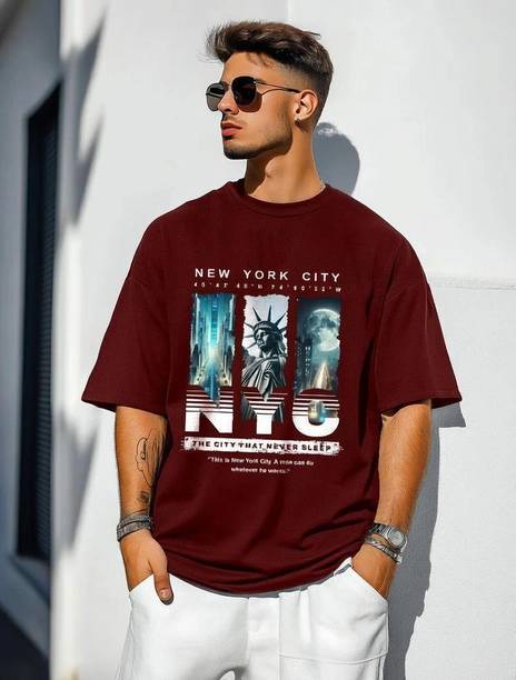 Men Printed Round Neck Reversible Polyester Maroon T-Shirt