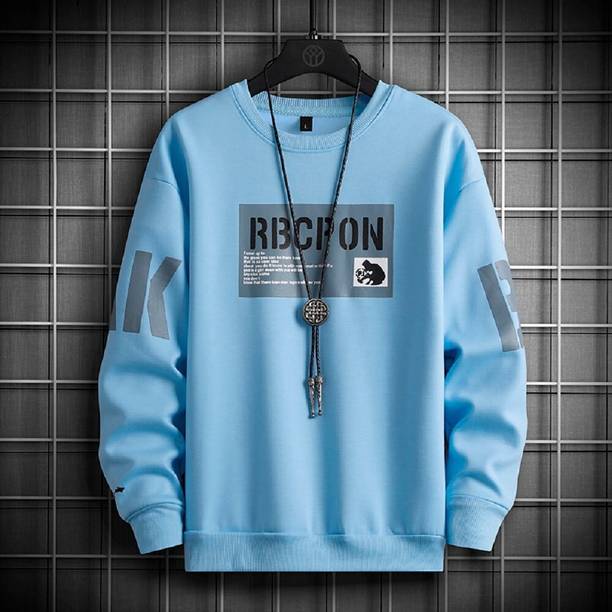 Men Printed Round Neck Cotton Blend Light Blue T-Shirt