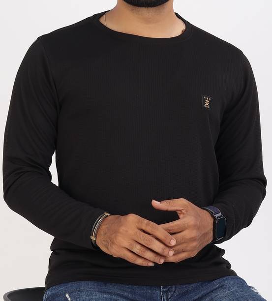 VeBNoR Men Self Design Round Neck Polyester Black T-Shirt
