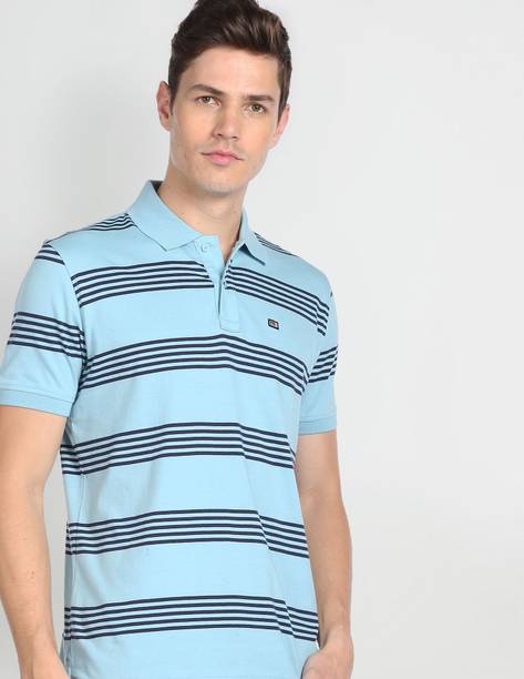 Men Striped Polo Neck Cotton Blend Blue T-Shirt