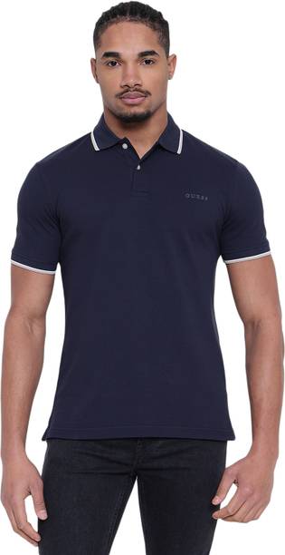 GUESS Solid Men Polo Neck Navy Blue T-Shirt