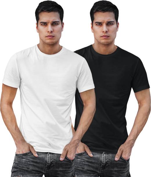 Adrift Pack of 2 Men Solid Round Neck Pure Cotton Black, White...