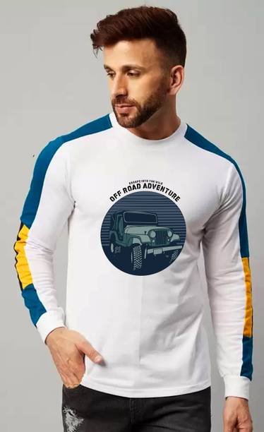 Men Printed, Typography Round Neck Poly Cotton White, Blue T-Shirt