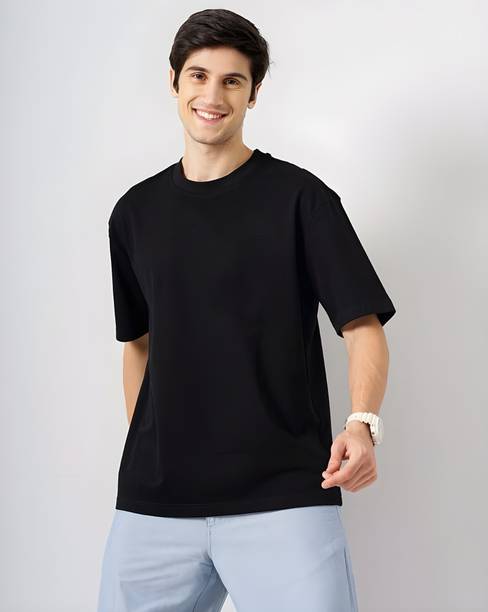 Kaido Men Solid Round Neck Organic Cotton Black T-Shirt