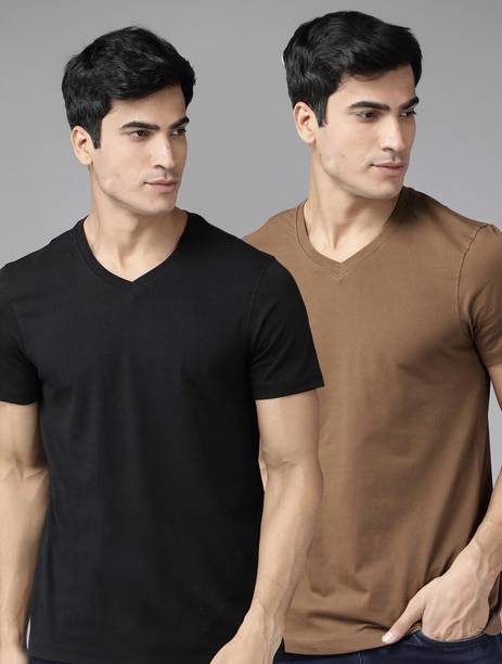 Pack of 2 Men Solid V Neck Pure Cotton Brown, Black T-Shirt