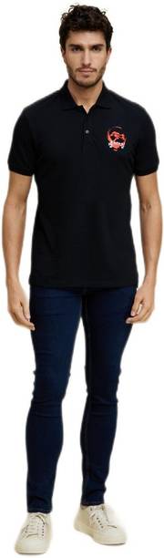 LBEMHKP2 Men Printed Polo Neck Pure Cotton Black T-Shirt