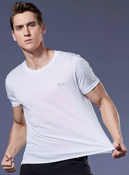 Men Solid, Typography Round Neck Polyester White T-Shirt