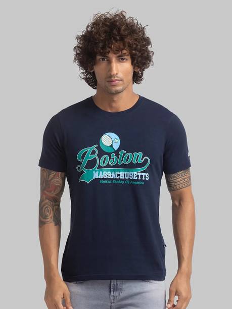 Men Typography Round Neck Cotton Blend Blue T-Shirt