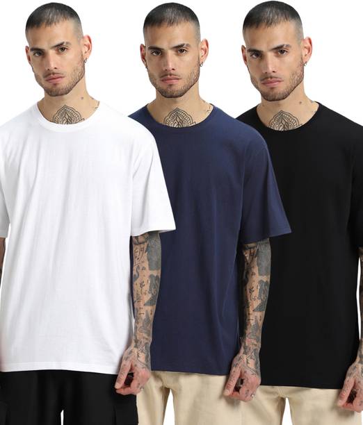 Veirdo Pack of 3 Oversized Men Solid Round Neck Pure Cotton Multicolor T-Shirt