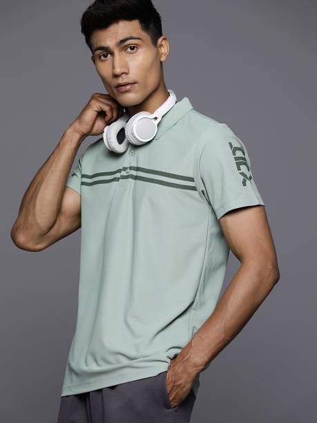 Men Striped Polo Neck Polyester Green T-Shirt