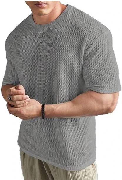 Men Self Design Round Neck Polycotton Grey T-Shirt