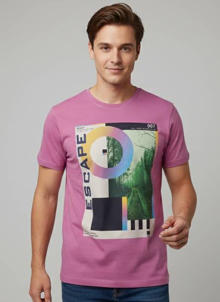 Men Graphic Print Round Neck Cotton Blend Pink T-Shirt