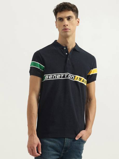 Men Printed Polo Neck Pure Cotton Blue T-Shirt