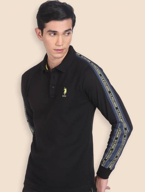 Men Typography Polo Neck Cotton Blend Black T-Shirt