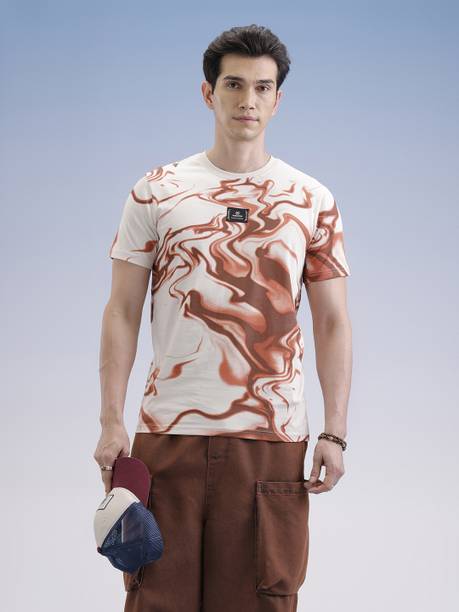 Men Printed Crew Neck Pure Cotton Beige T-Shirt