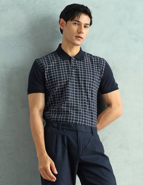 Men Checkered Polo Neck Pure Cotton Blue T-Shirt