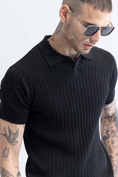 Snitch Self Design Men Polo Neck Black T-Shirt