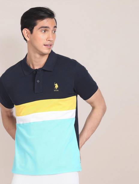 Men Colorblock Polo Neck Pure Cotton Blue T-Shirt