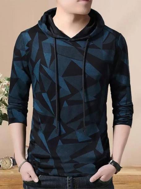 Men Solid Hooded Neck Cotton Blend Light Blue T-Shirt