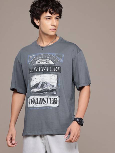 Roadster Men Printed Round Neck Pure Cotton Grey T-Shirt