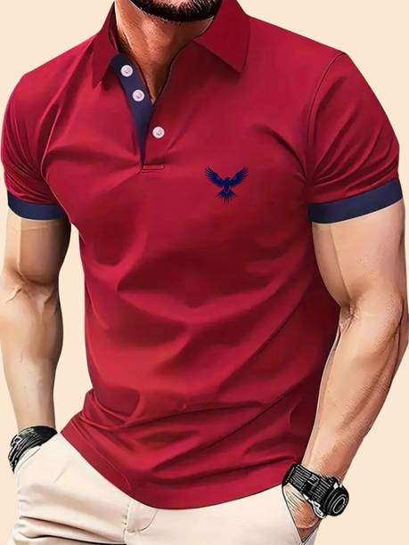 Men Solid, Graphic Print Polo Neck Polyester Maroon T-Shirt