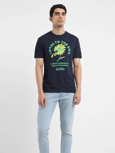 Men Printed, Typography Round Neck Pure Cotton Navy Blue T-Shirt