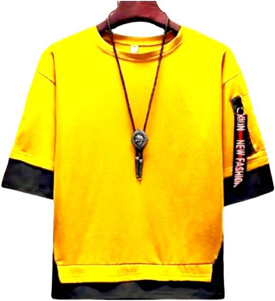 Men's Solid Round Neck Cotton Blend Yellow T-Shirt
