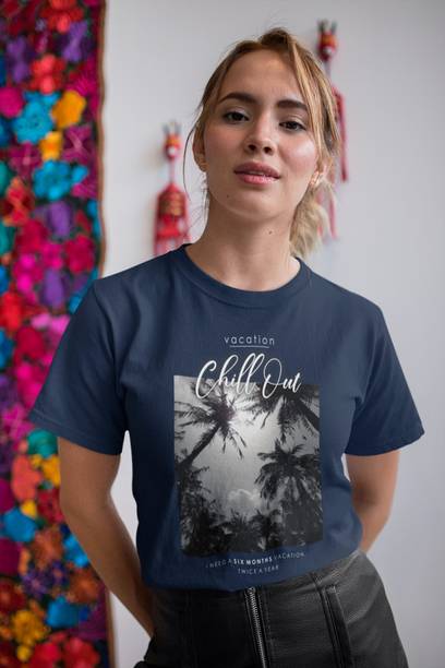 Women Printed Round Neck Pure Cotton Navy Blue T-Shirt