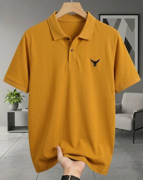 Men Printed Polo Neck Cotton Blend Yellow T-Shirt