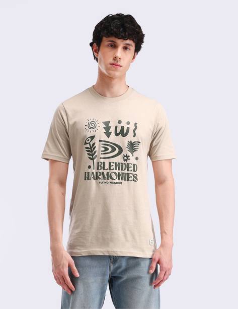 Men Printed Round Neck Pure Cotton Brown T-Shirt
