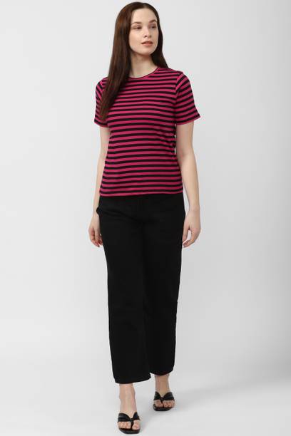Women Striped Round Neck Pure Cotton Purple T-Shirt