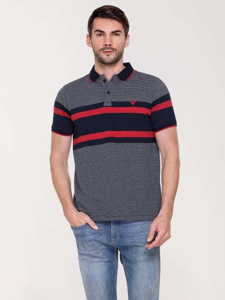 Urbanor Striped Men Polo Neck Grey T-Shirt