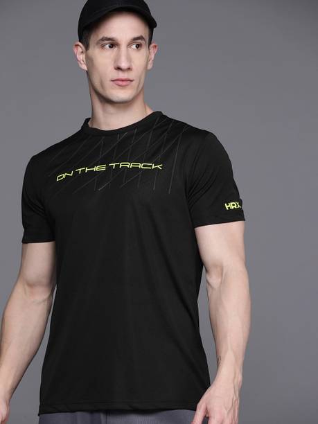 Men Printed, Typography Round Neck Polyester Black T-Shirt