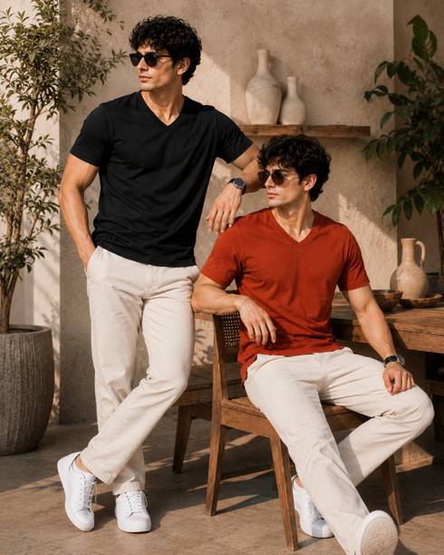 Men Solid V Neck Cotton Blend Black, Orange T-Shirt