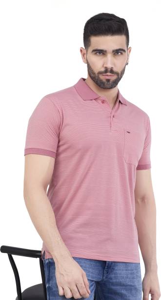 Men Striped Polo Neck Pure Cotton Pink T-Shirt Price in India