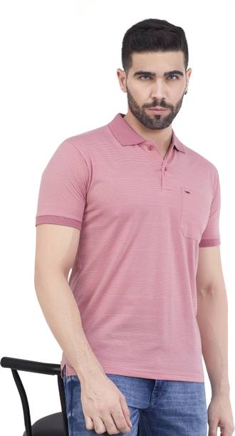 Men Striped Polo Neck Pure Cotton Pink T-Shirt