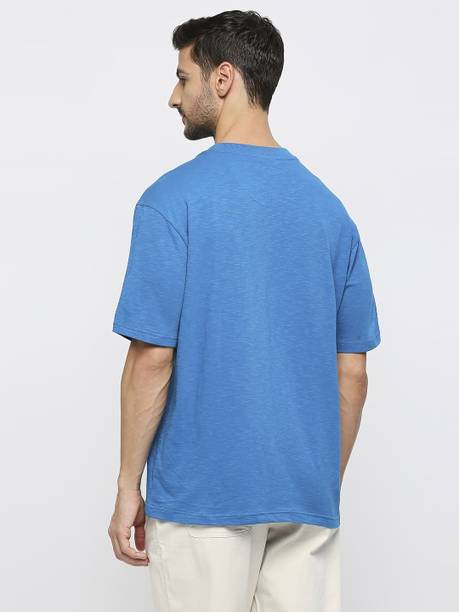 BASICS Solid Men Crew Neck Blue T-Shirt
