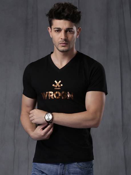 Men Printed V Neck Cotton Blend Black T-Shirt