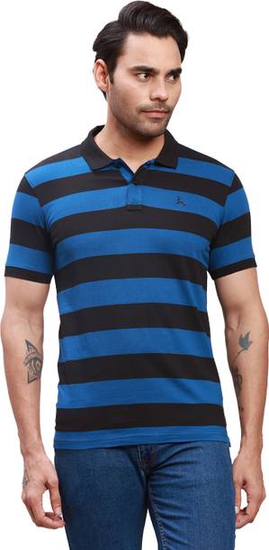 Men Striped Polo Neck Pure Cotton Blue T-Shirt