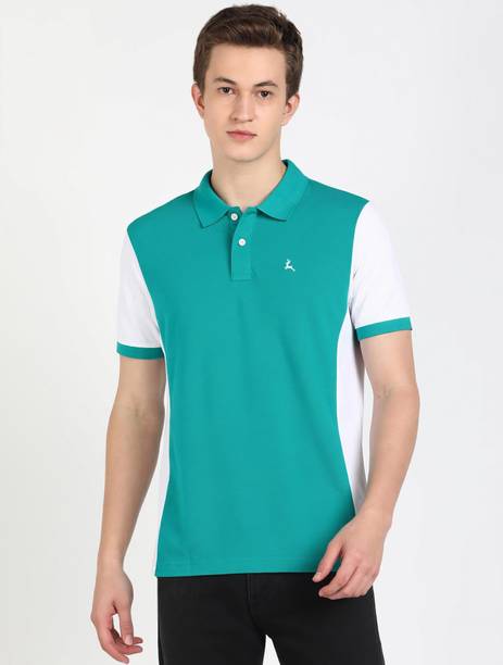 Men Colorblock Polo Neck Cotton Blend Dark Green T-Shirt