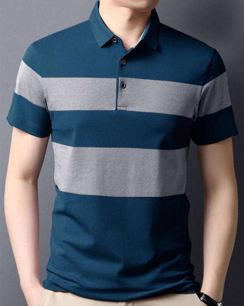 Men Solid Polo Neck Cotton Blend Dark Blue, Grey T-Shirt