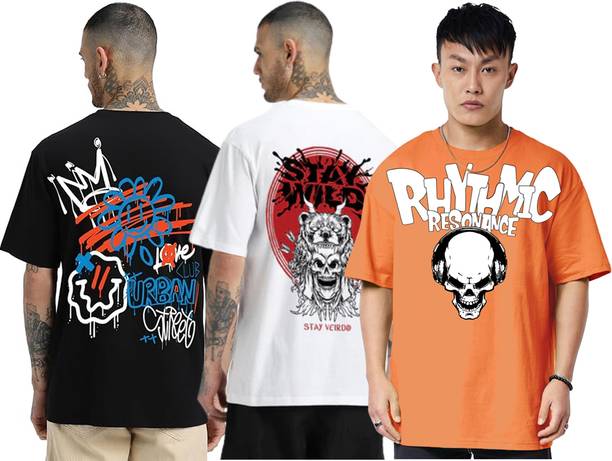 Veirdo Pack of 3 Oversized Men Printed Round Neck Pure Cotton Mul