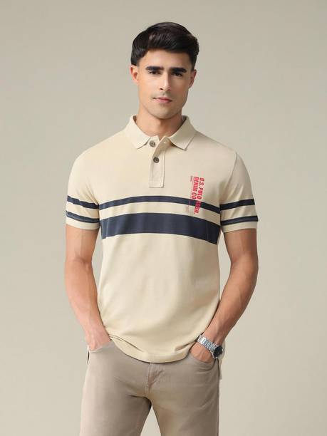 Men Striped Polo Neck Pure Cotton Beige T-Shirt